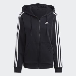 adidas Womens' Essentials 3-Stripes Full-Zip Fleece Hoodie - Black