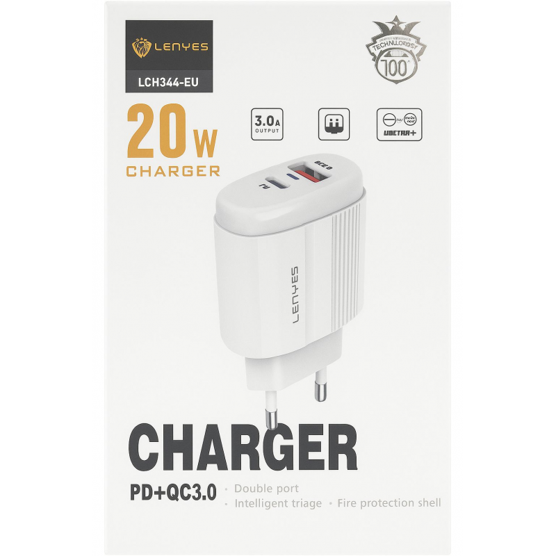 Lenyes LCH-344-EU – شاحن سريع PD + QC3.0 مع كابل Type-C إلى Type-C وكفالة سنة