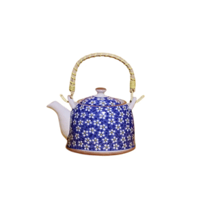 ابريق شاي بورسلان مع مصفاة لون أزرق مورد أبيض