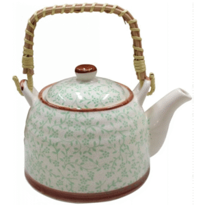 ابريق شاي بورسلان مع مصفاة لون طحيني مورد اخضر