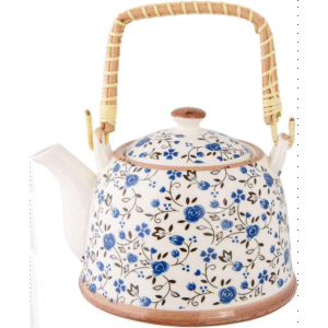 ابريق شاي بورسلان مع مصفاة لون طحيني مورد ازرق