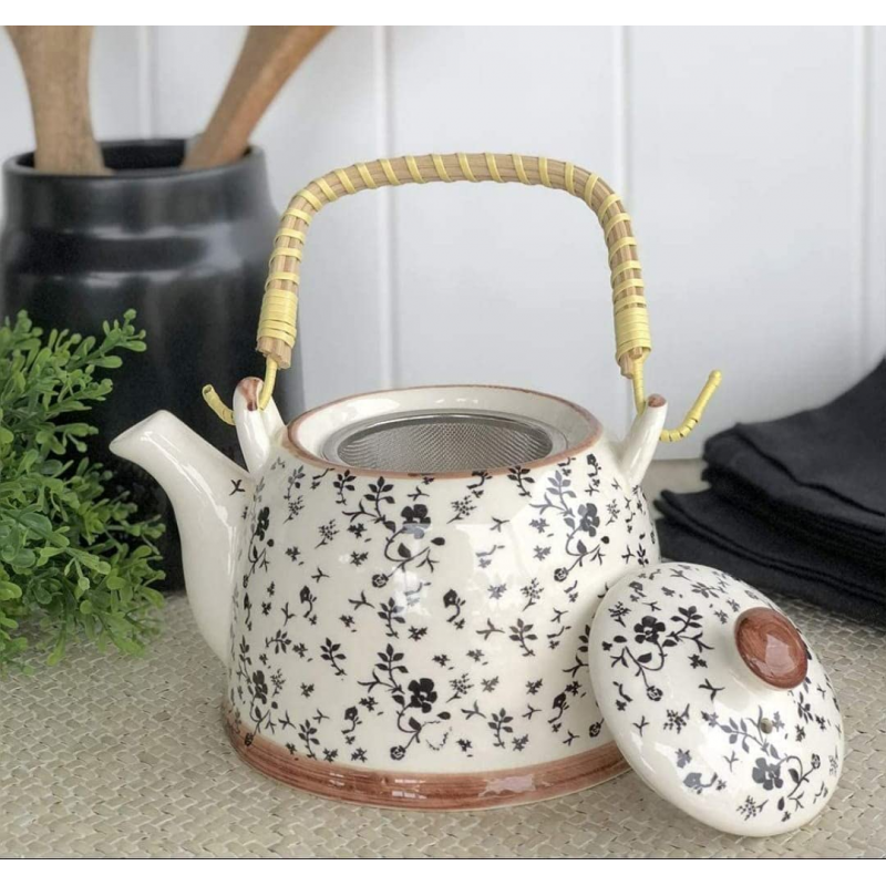 ابريق شاي بورسلان مع مصفاة لون طحيني مورد اسود