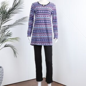 بجامة بأكمام طويلة بتصميم نقشة مغربية للنساء لون بنفسجي وأسود