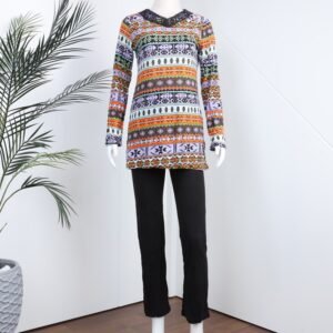 بجامة بأكمام طويلة بتصميم نقشة مغربية للنساء لون بنفسجي وأسود