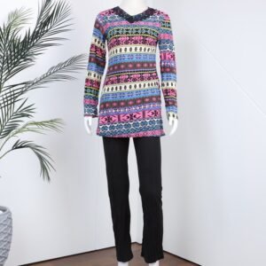 بجامة بأكمام طويلة بتصميم نقشة مغربية للنساء لون زهري غامق وأسود