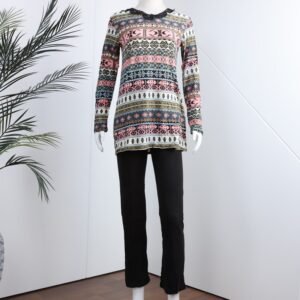 بجامة بأكمام طويلة بتصميم نقشة مغربية للنساء لون زهري فاتح وأسود