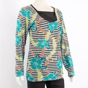 بجامة بأكمام طويلة بتصميم نقشة مغربية ورد مخطط عرضي لون أخضر وأسود