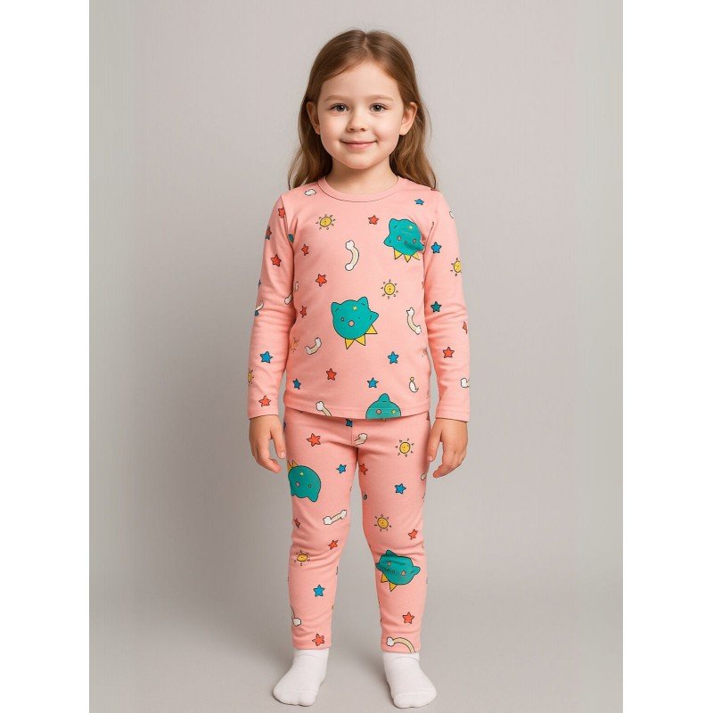 بجامة بأكمام طويلة قطعتين بناتي برسومات لون زهري