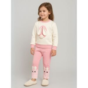 بجامة بأكمام طويلة قطعتين بناتي لون أبيض وزهري