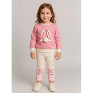 بجامة بأكمام طويلة قطعتين بناتي لون زهري وأبيض