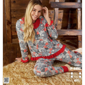 بجامة بأكمام طويلة (قطعتين) للنساء برسومات دب