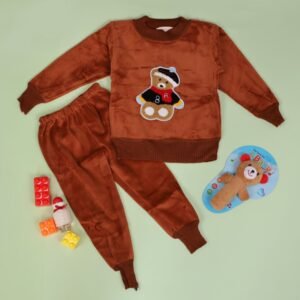بجامة بتصميم رسوم الدب (قطعتين) للأطفال لون بني