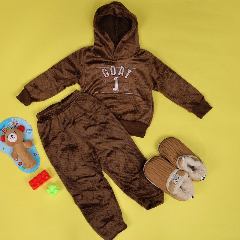 بجامة بتصميم رسوم الدب (قطعتين) للأطفال لون بني