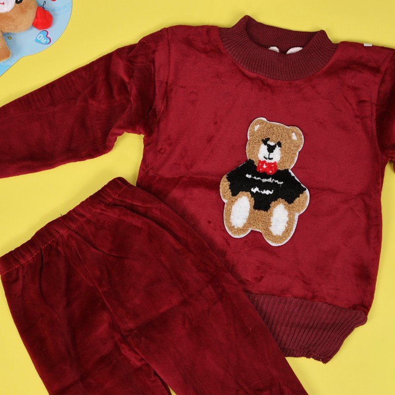 بجامة بتصميم رسوم الدب (قطعتين) للأطفال لون خمري