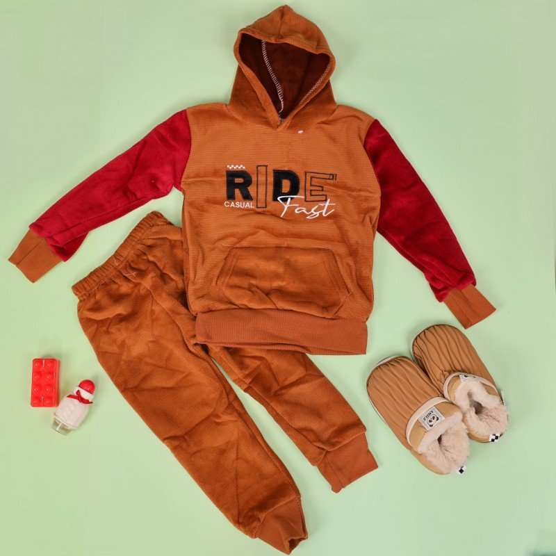 بجامة بطاقية (قطعتين) للأطفال لون بني وأحمر