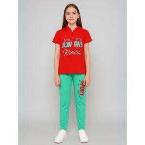بجامة بناتي بأكمام قصيرة (قطعتين) لون أحمر وأخضر