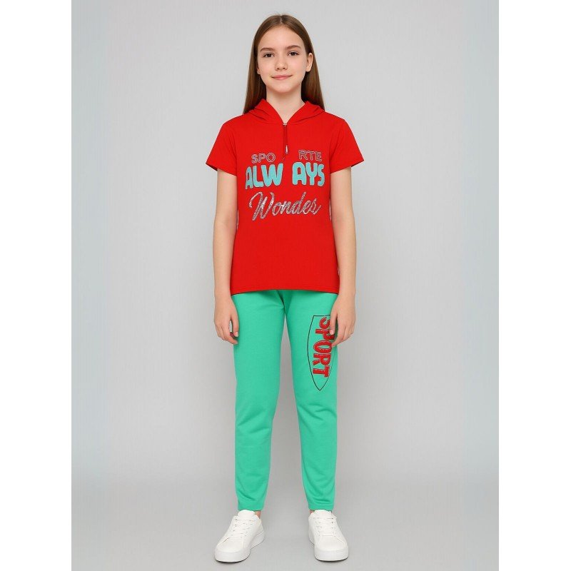 بجامة بناتي بأكمام قصيرة (قطعتين) لون أحمر وأخضر