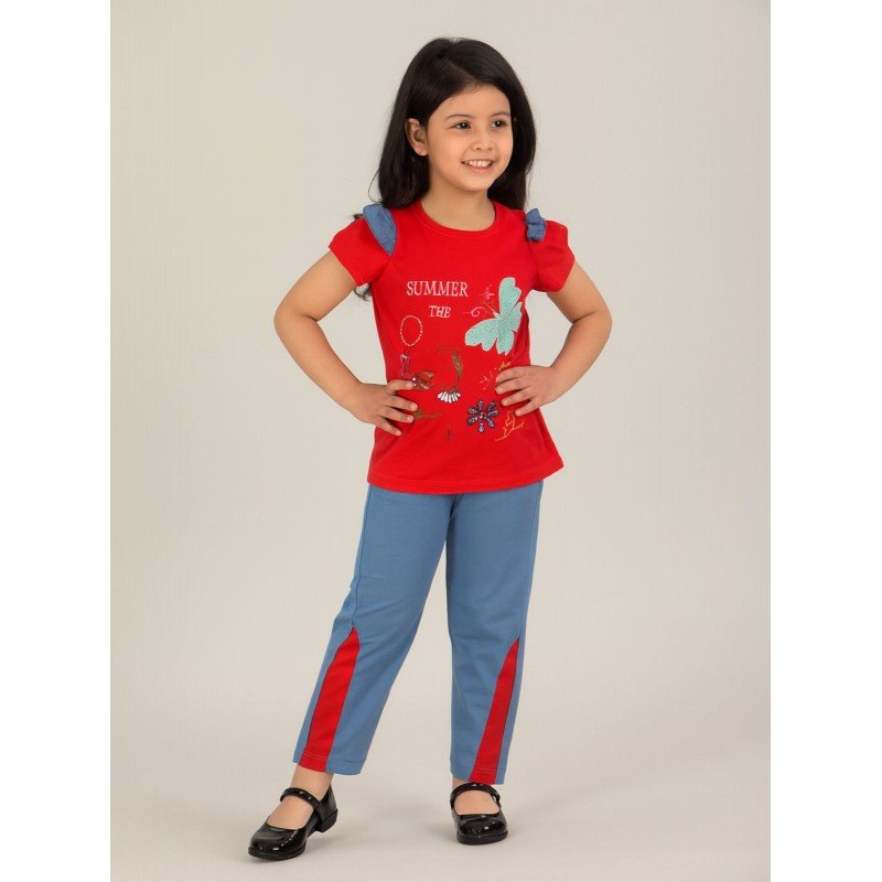 بجامة بناتي بأكمام قصيرة (قطعتين) لون أحمر وأزرق