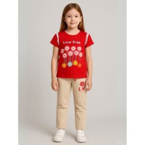 بجامة بناتي بأكمام قصيرة (قطعتين) لون أحمر ووبيج