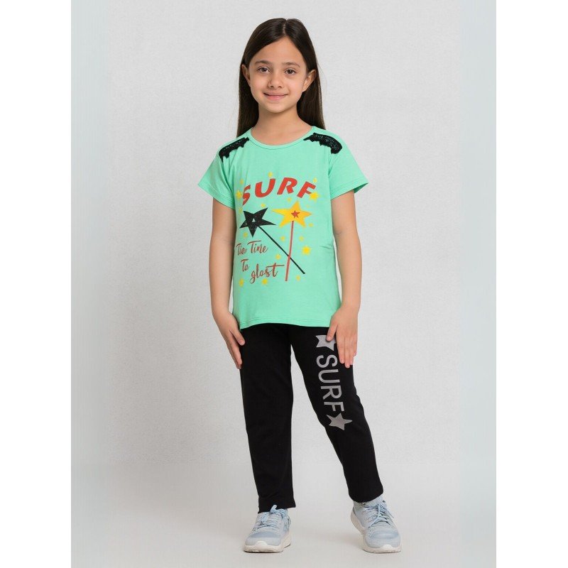 بجامة بناتي بأكمام قصيرة (قطعتين) لون أخضر فاتح وأسود