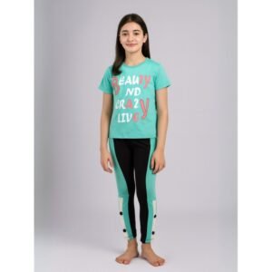 بجامة بناتي بأكمام قصيرة (قطعتين) لون أخضر وأسود