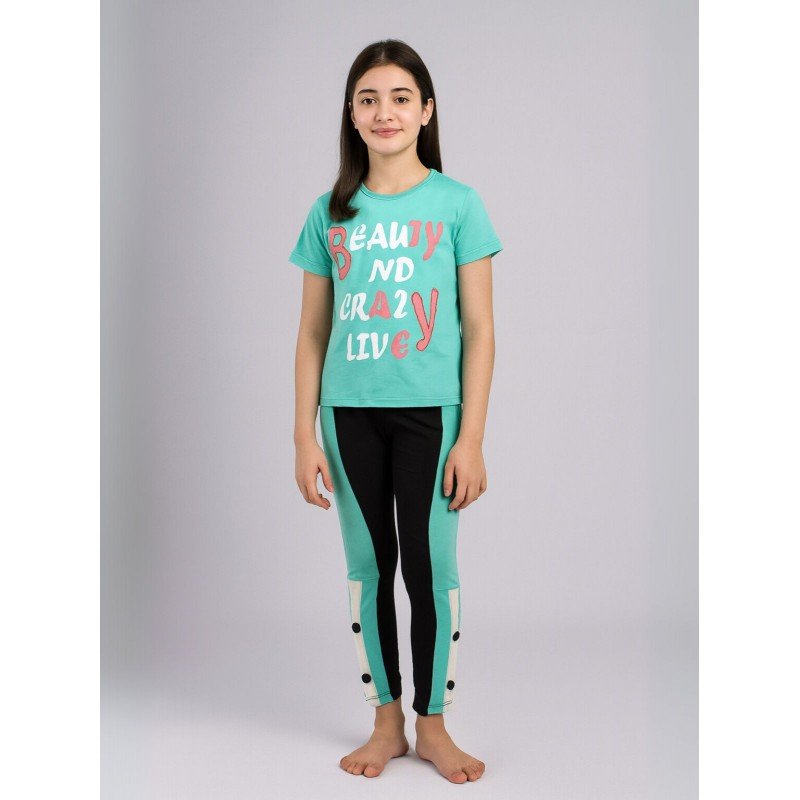 بجامة بناتي بأكمام قصيرة (قطعتين) لون أخضر وأسود