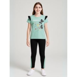 بجامة بناتي بأكمام قصيرة (قطعتين) لون أخضر وأسود