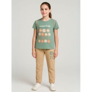 بجامة بناتي بأكمام قصيرة (قطعتين) لون أخضر ووبيج