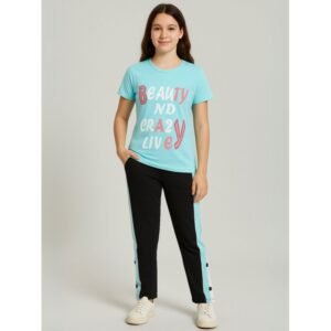 بجامة بناتي بأكمام قصيرة (قطعتين) لون أزرق وأسود