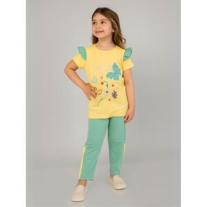 بجامة بناتي بأكمام قصيرة (قطعتين) لون أصفر وأخضر