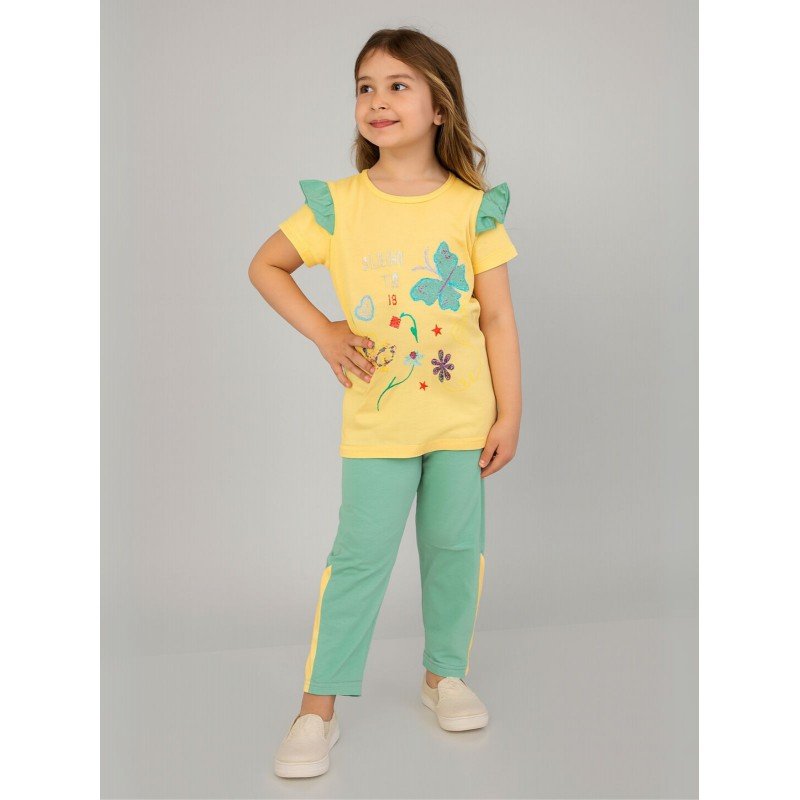 بجامة بناتي بأكمام قصيرة (قطعتين) لون أصفر وأخضر