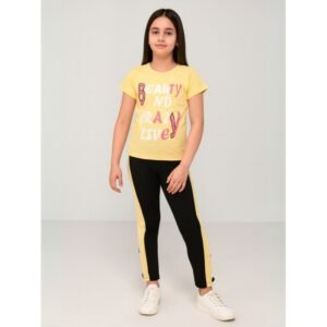 بجامة بناتي بأكمام قصيرة (قطعتين) لون أصفر وأسود