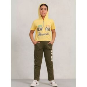 بجامة بناتي بأكمام قصيرة (قطعتين) لون أصفر وزيتي