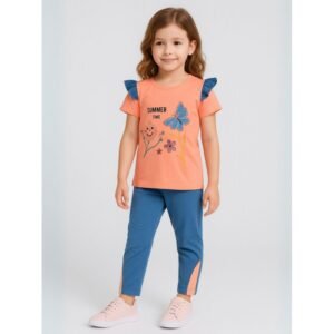 بجامة بناتي بأكمام قصيرة (قطعتين) لون برتقالي وأزرق