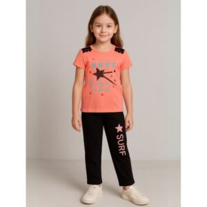 بجامة بناتي بأكمام قصيرة (قطعتين) لون برتقالي وأسود