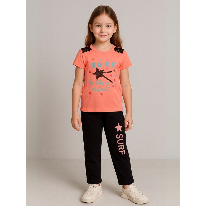 بجامة بناتي بأكمام قصيرة (قطعتين) لون برتقالي وأسود