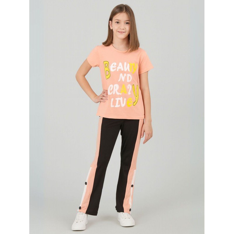 بجامة بناتي بأكمام قصيرة (قطعتين) لون برتقالي وأسود