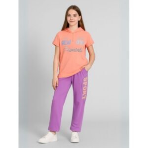 بجامة بناتي بأكمام قصيرة (قطعتين) لون برتقالي وبنفسجي