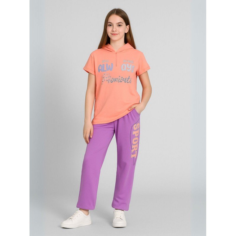 بجامة بناتي بأكمام قصيرة (قطعتين) لون برتقالي وبنفسجي