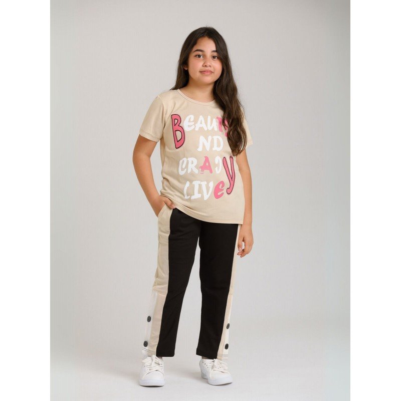 بجامة بناتي بأكمام قصيرة (قطعتين) لون بيج وأسود