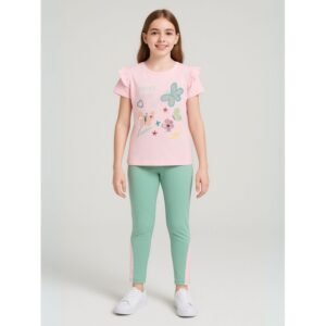 بجامة بناتي بأكمام قصيرة (قطعتين) لون زهري وأخضر