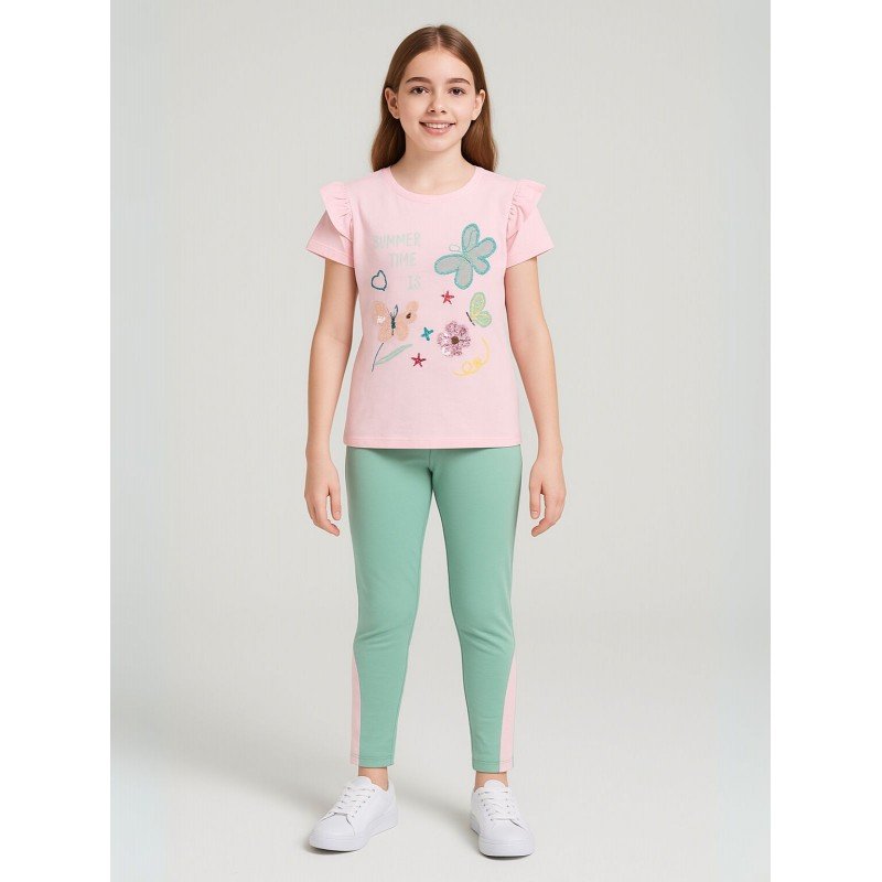 بجامة بناتي بأكمام قصيرة (قطعتين) لون زهري وأخضر