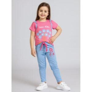 بجامة بناتي بأكمام قصيرة (قطعتين) لون زهري وأزرق