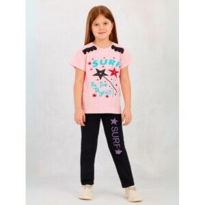 بجامة بناتي بأكمام قصيرة (قطعتين) لون زهري وأسود