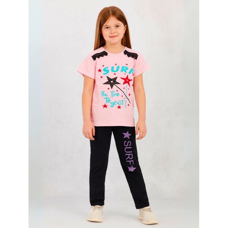 بجامة بناتي بأكمام قصيرة (قطعتين) لون زهري وأسود