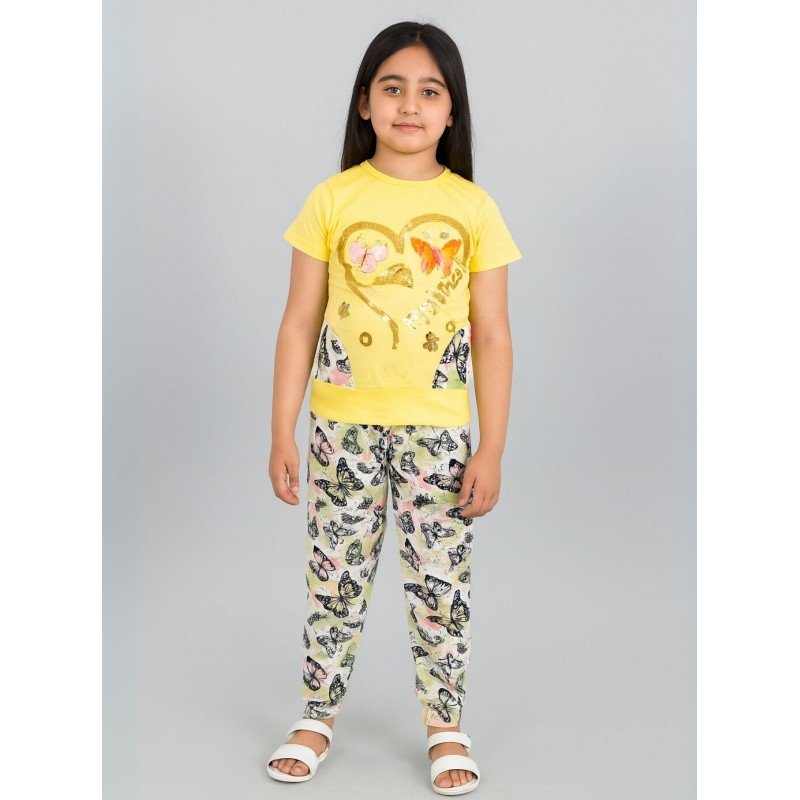 بجامة بناتي قطعتين صيفي لون أصفر