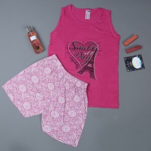 بيجامة حفر عريض مع شورت للنساء لون فوشي غامق