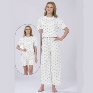 بجامة ستاتي ثلاث قطع بلبس ون سايز لون أبيض