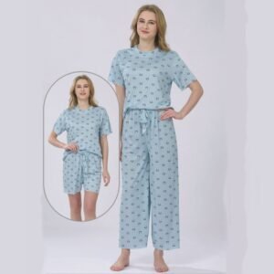 بجامة ستاتي ثلاث قطع بلبس ون سايز لون ازرق سماوي