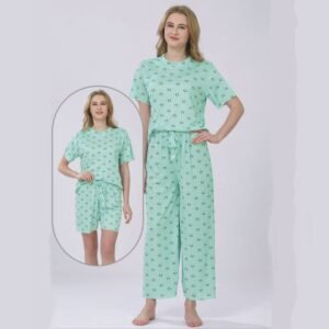 بجامة ستاتي ثلاث قطع بلبس ون سايز لون تركواز